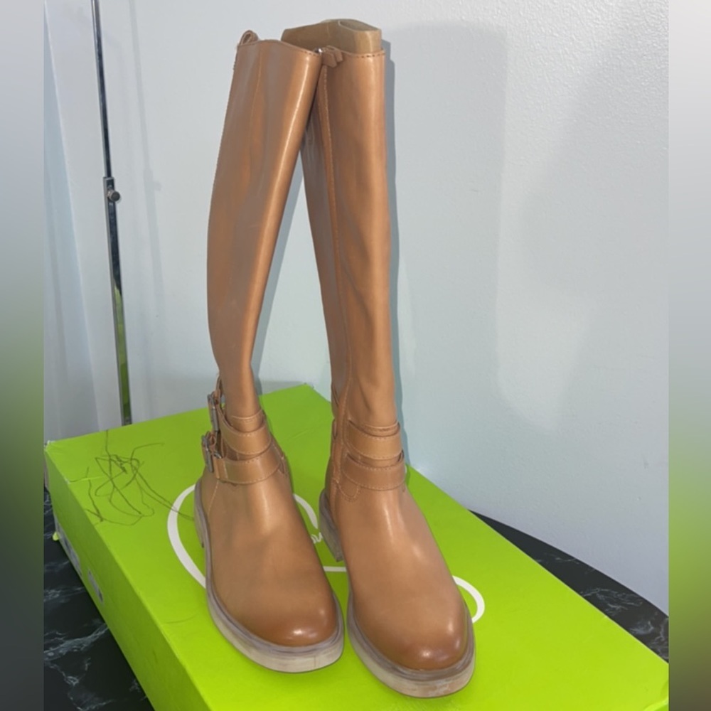 Sam Edelman Freda Tall Leather Riding Boots Tan Size 8.5 Moto Biker Buckles NEW - Picture 7 of 16